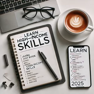 Stylish flat lay with a silver laptop, notebook, cash, and smartphone on a white wooden desk, symbolizing online skill-building and income growth.
