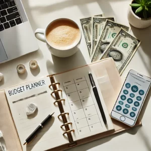 Flat lay of a budget planner notebook, a cup of coffee, and a laptop on a clean desk, representing financial planning and smart money management.