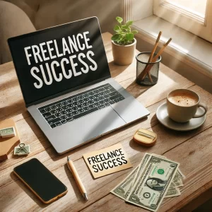  Inviting workspace with a silver laptop, a small pile of cash, coffee mug, and motivational notes, representing smart online work and financial independence.