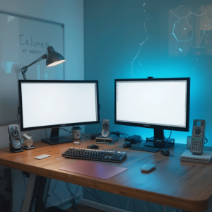 A modern freelance workspace featuring two desktop monitors, a sleek keyboard, a coffee cup, and organized desk accessories in a bright minimalist office.
