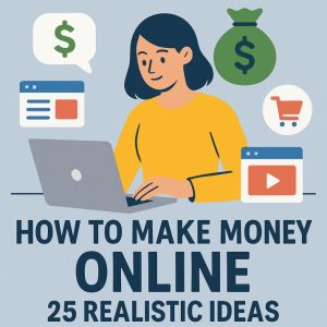 Young entrepreneur sitting at a desk with a laptop and smartphone, planning online income strategies.