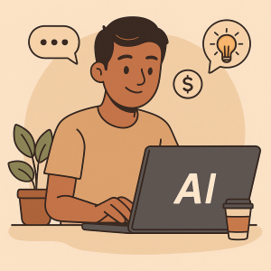Young person working at a desk with laptop and AI-related visuals, symbolizing beginner-level use of AI tools to earn money online.