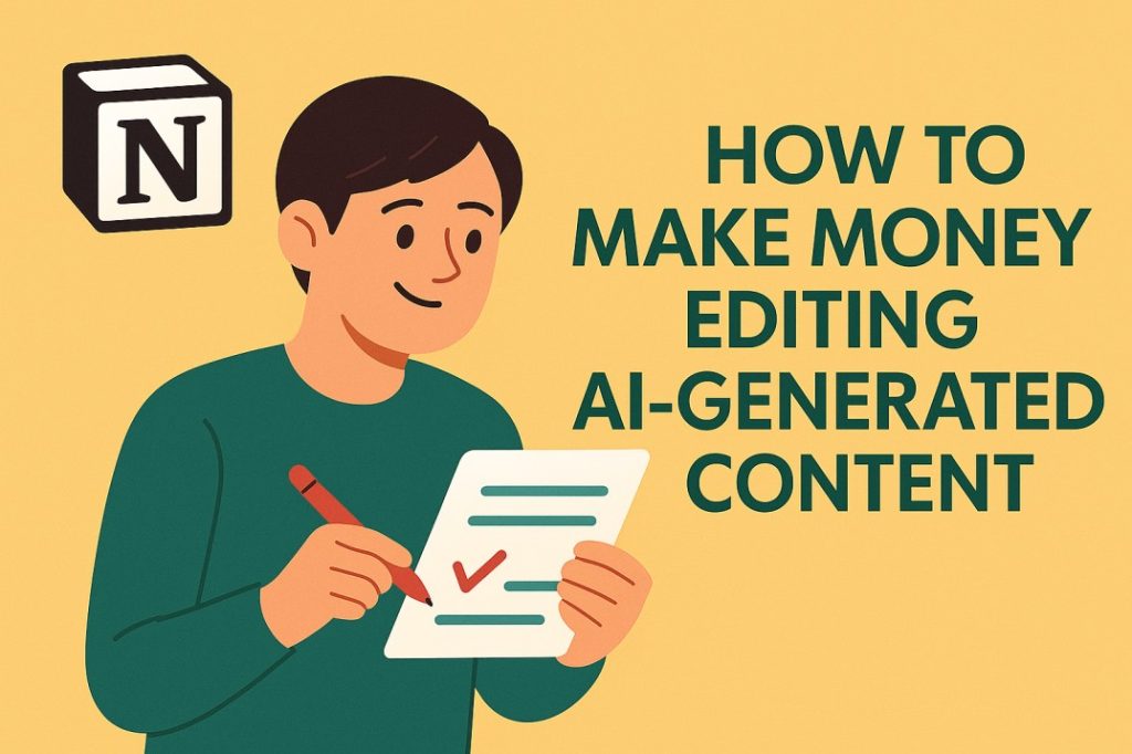 Illustration of a freelancer editing AI-generated content on a laptop for clients online.