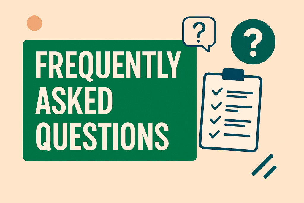 Flat-style digital illustration showing a question mark icon and text reading “Frequently Asked Questions” with a background of charts and icons