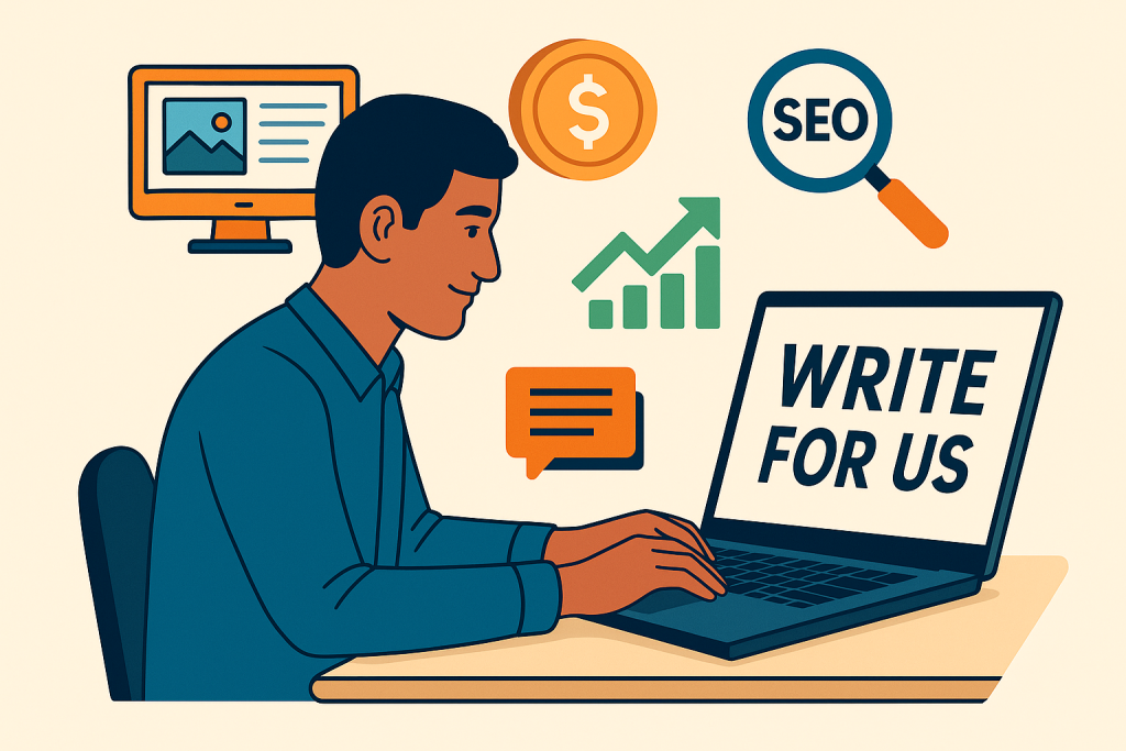 Flat-style illustration of a contributor writing a guest post on a laptop for a make money online blog
