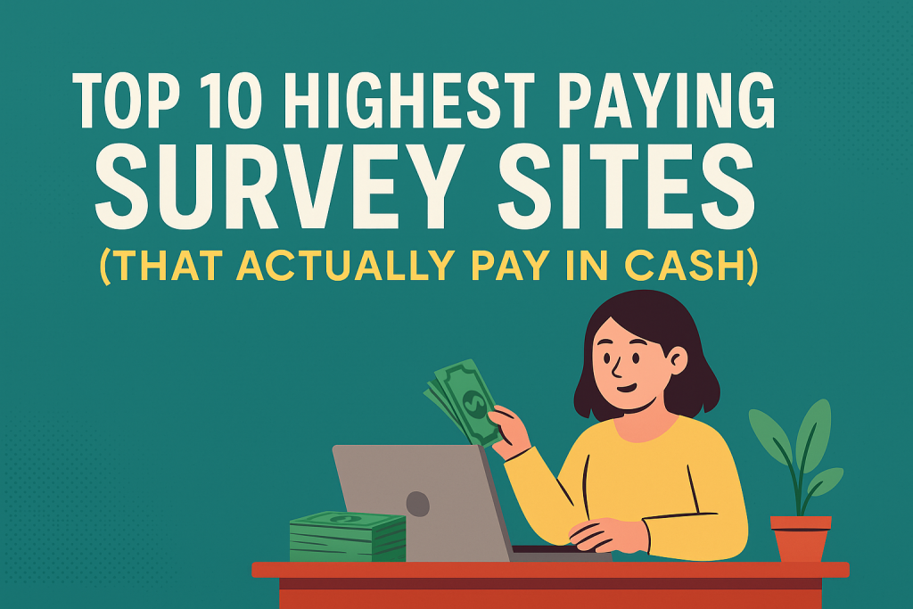 Digital illustration with icons of a checklist, dollar signs, and a mobile device promoting “Highest Paying Survey Sites That Pay in Cash”