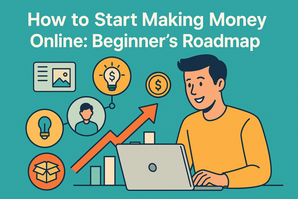 A digital illustration of a man using a laptop with icons for income, growth, and online tools, representing beginner steps to earning money online