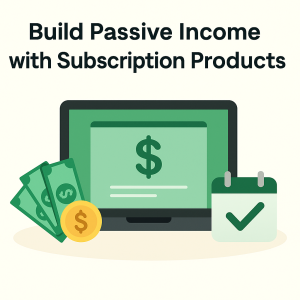 Flat-style digital illustration showing a woman managing a subscription-based digital business with icons of emails, calendars, and money.