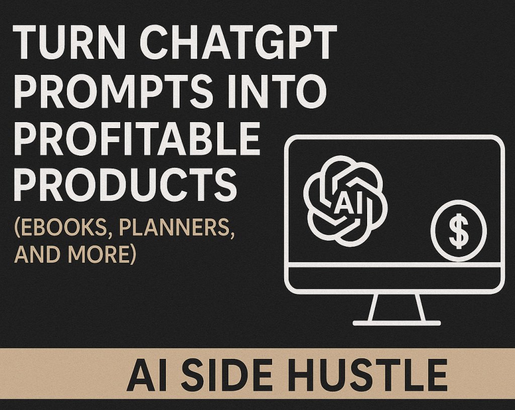 Promotional banner showing “Turn ChatGPT Prompts into Profitable Products” with AI and dollar icons on a black and beige design.