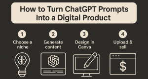 Promotional banner showing “Turn ChatGPT Prompts into Profitable Products” with AI and dollar icons on a black and beige design.