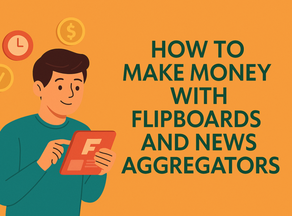 Flat-style illustration showing a user curating digital content, representing monetization through Flipboard and content aggregation.