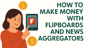 Flat-style illustration showing a user curating digital content, representing monetization through Flipboard and content aggregation.