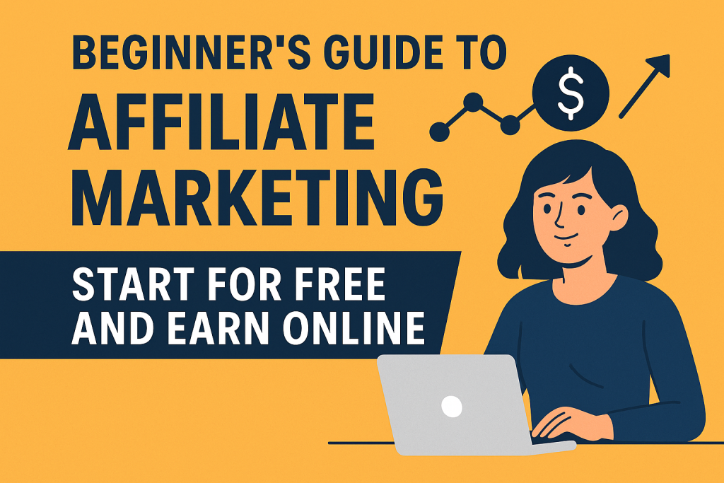 Flat-style digital illustration with a laptop, shopping icons, and a money symbol, representing beginner-friendly affiliate marketing.