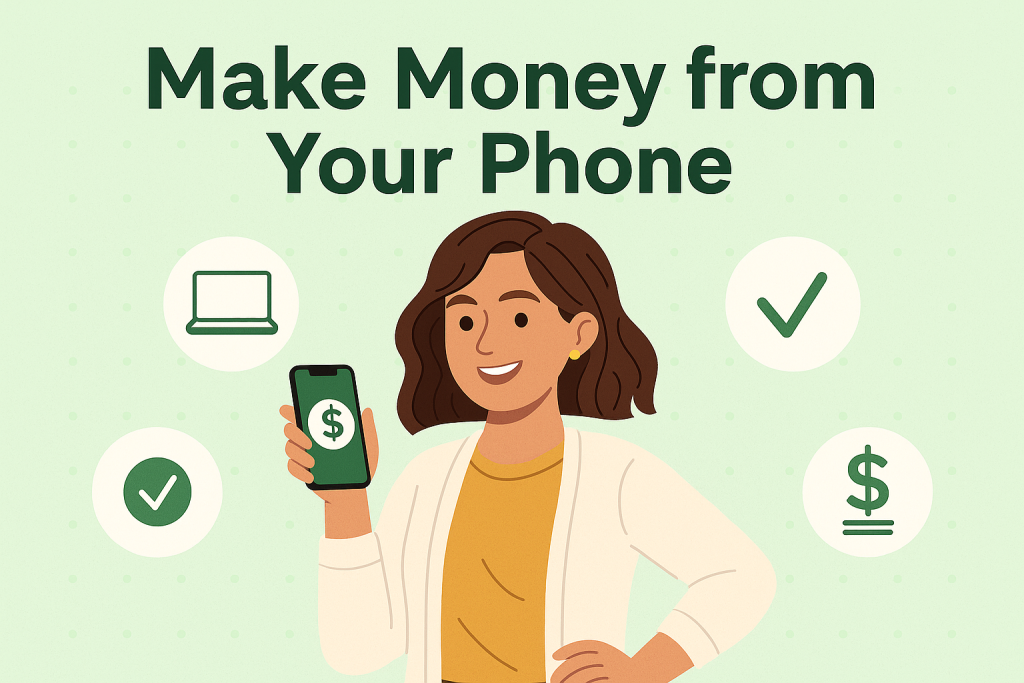 Flat-style digital illustration of a freelancer sitting at a desk using a smartphone to earn income online