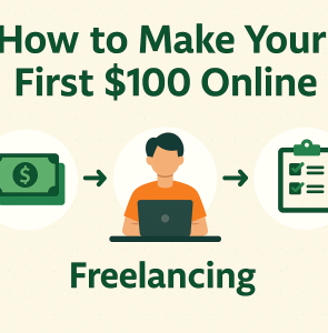 Flat digital illustration with bold text and icons representing online income ideas like freelancing, surveys, and digital product sales