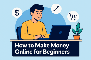 Illustration of a smiling man working on a laptop with money, growth, and shopping icons, and bold text reading “How to Make Money Online for Beginners”