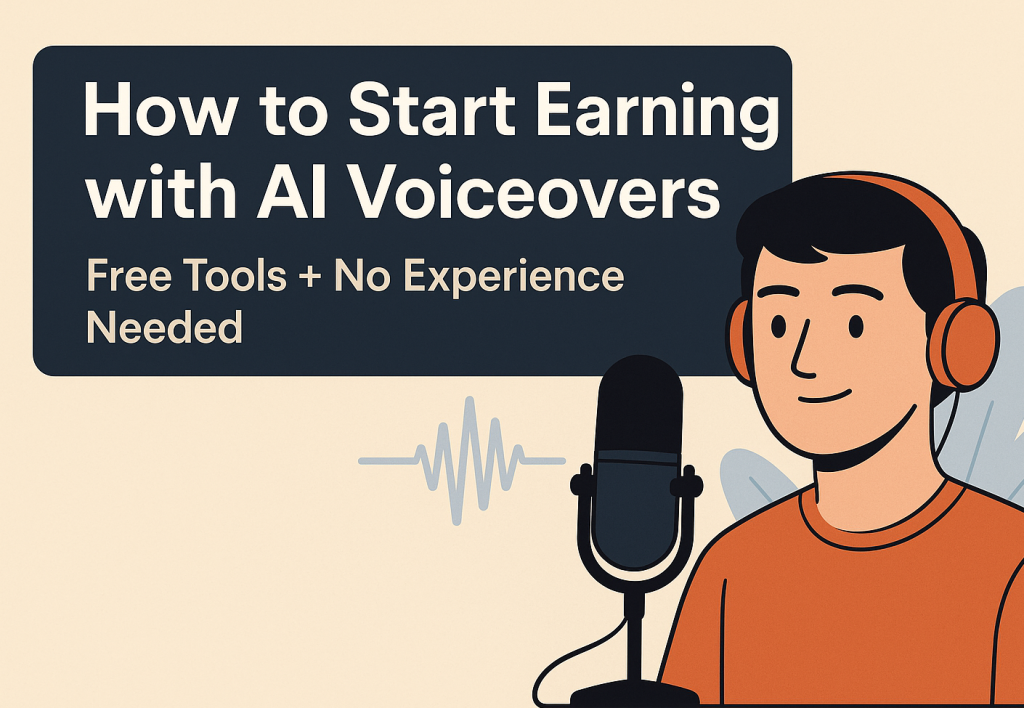 Cartoon-style man using a microphone with headphones, representing AI voiceover side hustle.