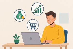 Illustration of a man using a laptop at a desk with icons representing online income, growth, and e-commerce