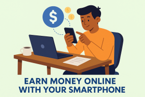 Flat-style illustration showing a young freelancer sitting with a smartphone, symbolizing online work and digital side hustles