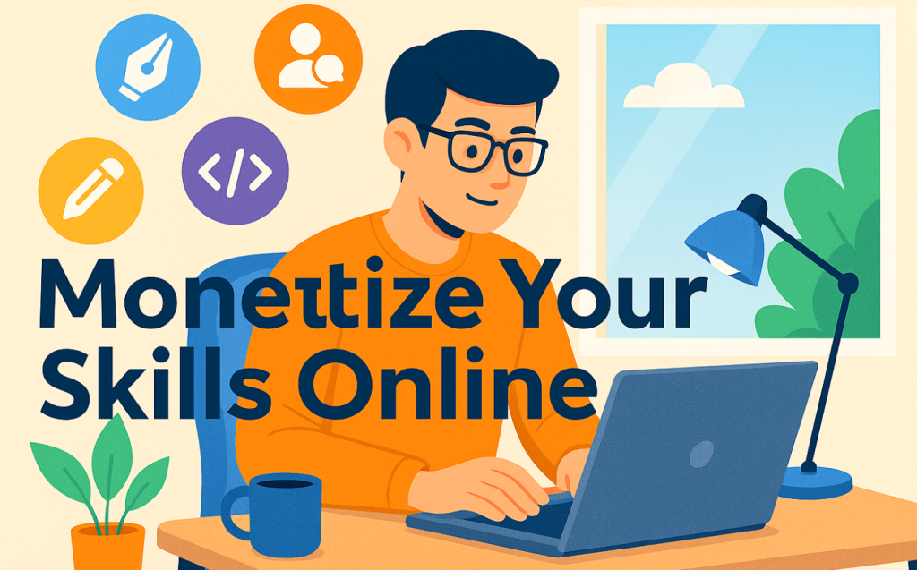 A young freelancer working on a laptop, turning skills into income in a modern home office