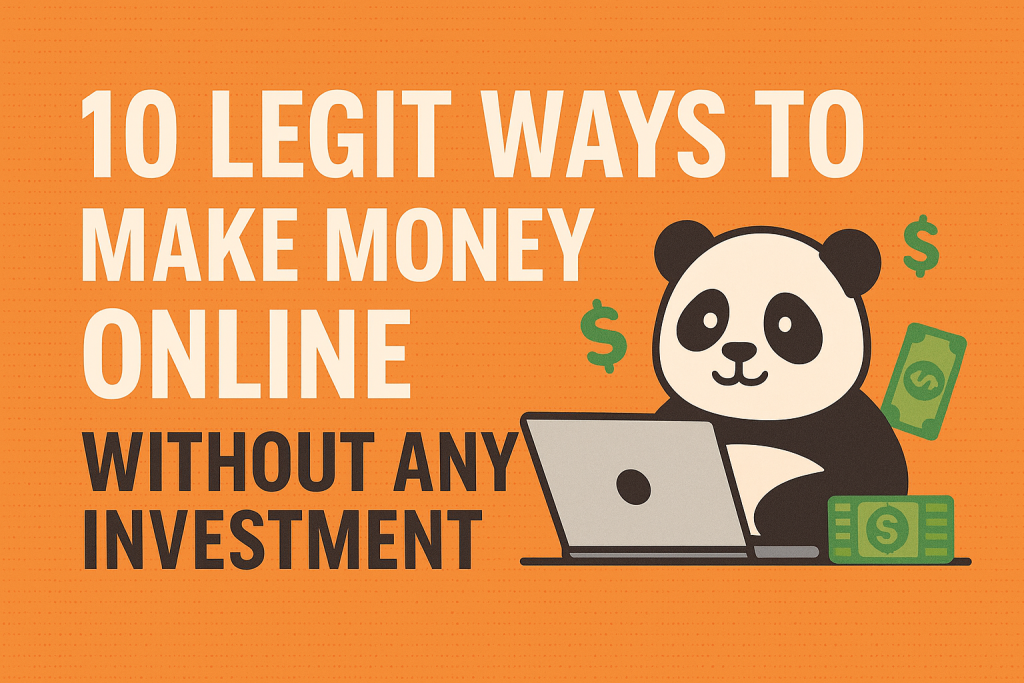 Cute panda with laptop and dollar signs representing ways to make money online without investment