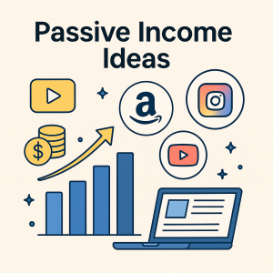 Flat-style illustration displaying “Top Passive Income Ideas for Beginners” with icons like money, laptop, lightbulb, and growth arrows