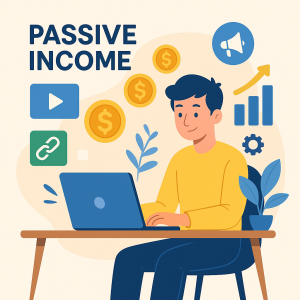 Young man working on laptop surrounded by passive income icons