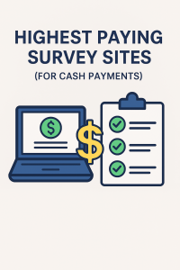 Infographic with smartphone, dollar sign, and checklist icons labeled “Highest Paying Survey Sites (For Cash Payments)”