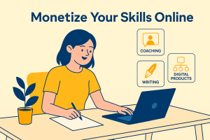 Flat-style illustration of a remote worker focused on building an online income through freelancing and digital products
