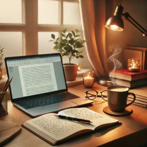 Cozy home office workspace with a laptop, notebook, coffee mug, and warm lighting, ideal for freelance writing.