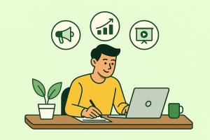 Flat-style illustration of a freelancer working remotely to turn personal skills into a source of income