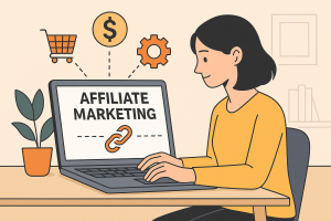 Flat-style digital illustration of a woman working on affiliate marketing at her desk