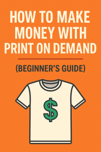 Illustration of a t-shirt with a dollar sign under a bold heading “How to Make Money with Print on Demand” on an orange background