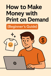 Illustration of a smiling person working on a laptop, with print-on-demand icons like a smiley T-shirt and dollar sign