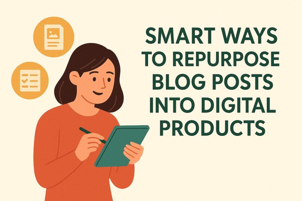 Flat-style illustration of a creator turning blog content into digital products on a laptop with bold, clear typography.