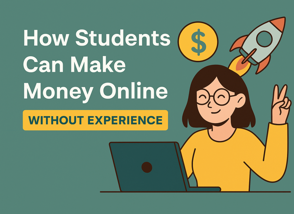 Flat-style digital illustration showing a student using a laptop to explore online income opportunities, surrounded by icons of money, apps, and study tools.