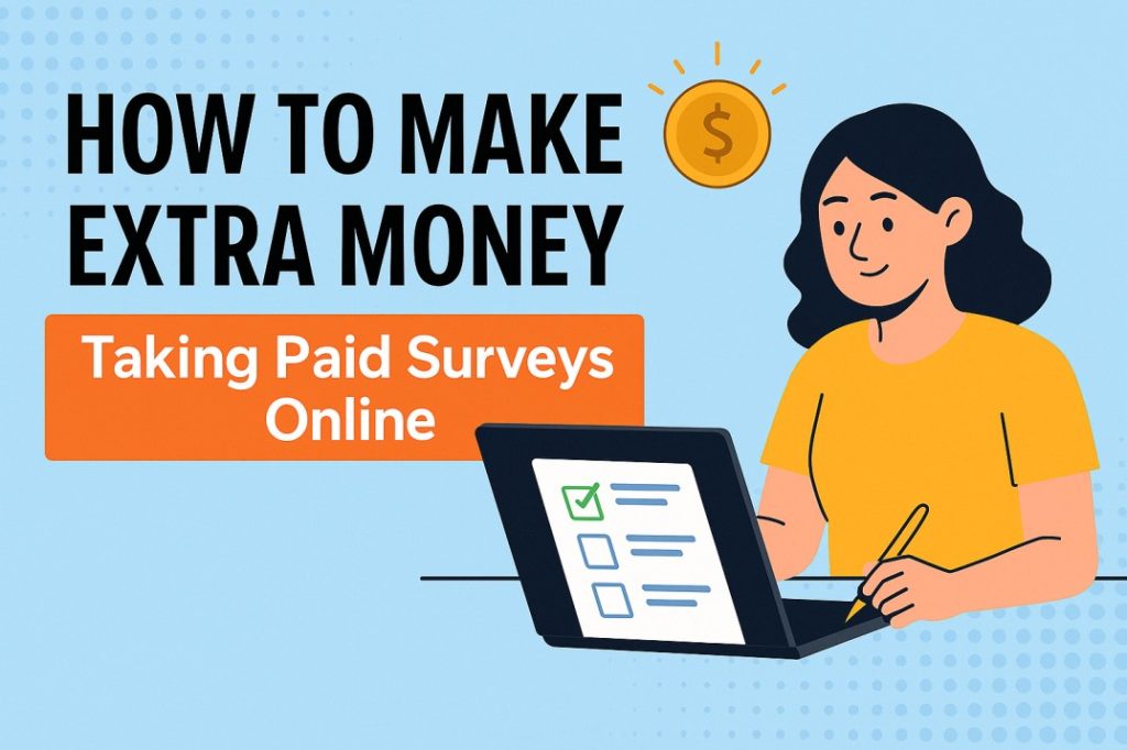 Illustration of a person using a laptop to take online paid surveys and earn money, representing survey-based side hustles.
