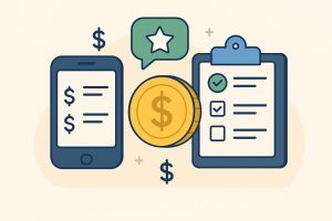 Illustration showing a person comparing various paid survey apps on a smartphone and laptop with dollar icons and rating stars.