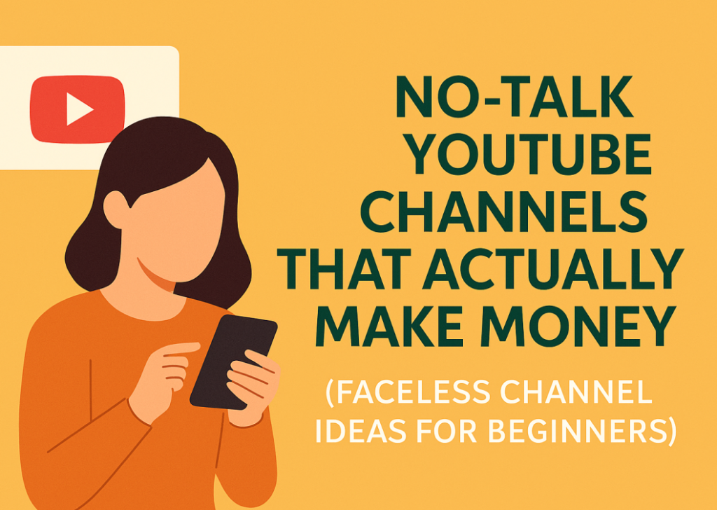 Illustrated banner showing faceless YouTube content creation with icons of video editing, music, and automation tools.