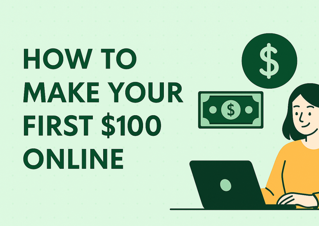 Flat-style digital illustration of a person using a laptop and smartphone to make their first $100 online through freelance work and surveys